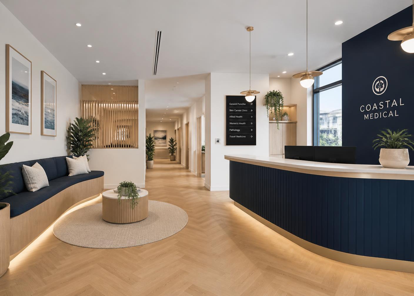 Modern medical clinic reception with navy and timber finishes